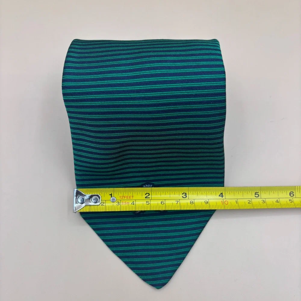 Tommy Hilfiger Mens Silk Tie Teal Navy Horizontal Stripe Crest Preppy Classic